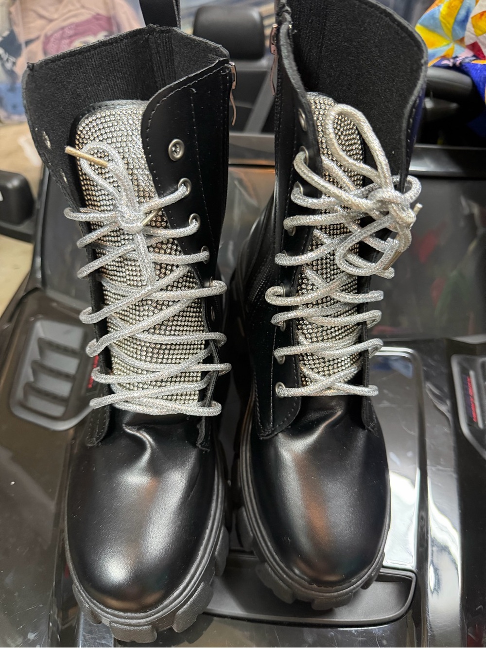 Black Combat Boots with Silver Rhinestone Tongue and Silver Laces